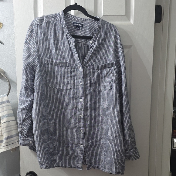 Lands' End 2x Blue Linen Striped Button Down Shirt - Picture 3 of 3
